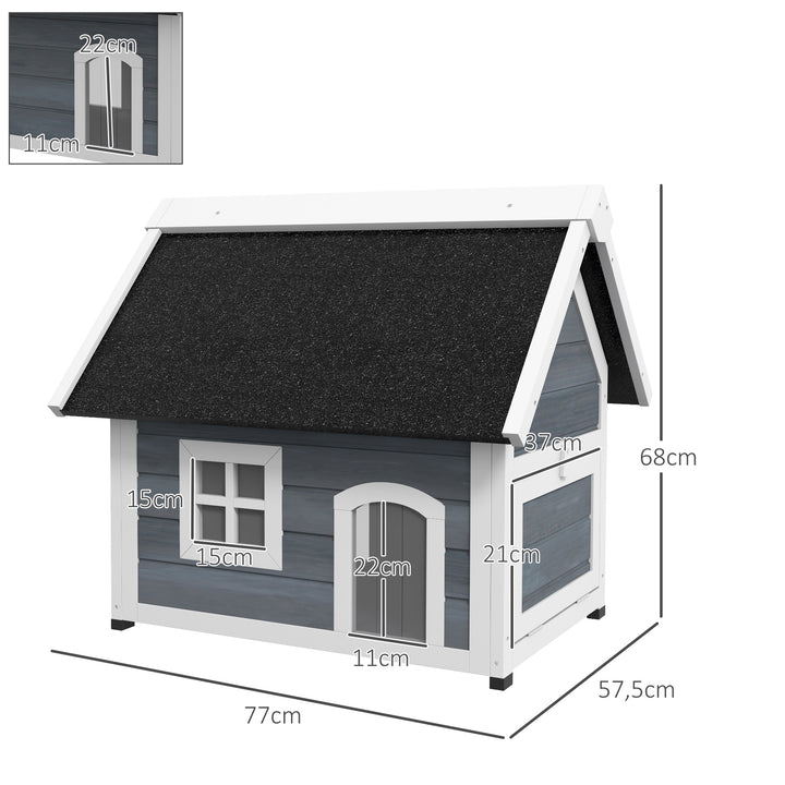Casa para Gatos de Madeira Abrigo para Gatos com Telhado Asfáltico Rebatível Janela e Portas com Cortina Refúgio para Animais de Estimação para Exterior 77x57,5x68 cm Cinzento e Preto