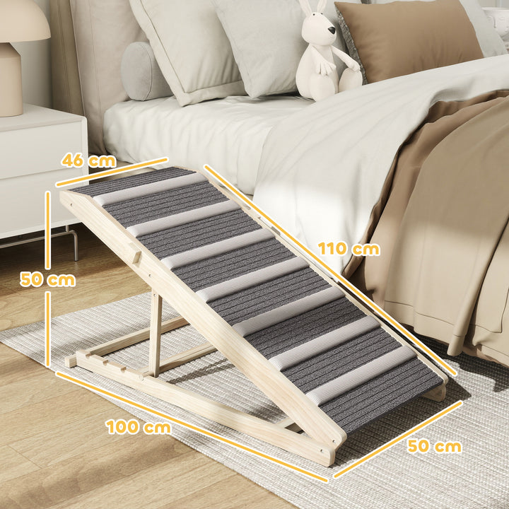 Rampa Dobrável para Cães com Altura Ajustável 35-50 cm Rampa para Animais de Estimação em Madeira com Tapete Antiderrapante e Alça para Cães Pequenos a Grandes para Cama e Sofá 100x50x50 cm Madeira e Cinza