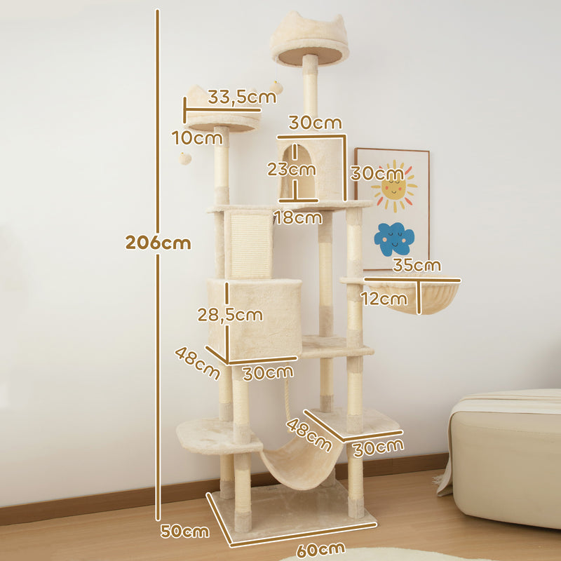 Arranhador para Gatos Grande Altura 173 cm Arranhador para Gatos Torre para Gatos com Plataformas Caverna Bolas Suspensa e Rede Bege