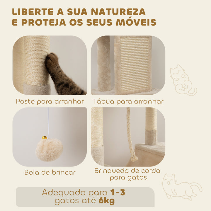 Arranhador para Gatos Grande Altura 173 cm Arranhador para Gatos Torre para Gatos com Plataformas Caverna Bolas Suspensa e Rede Bege