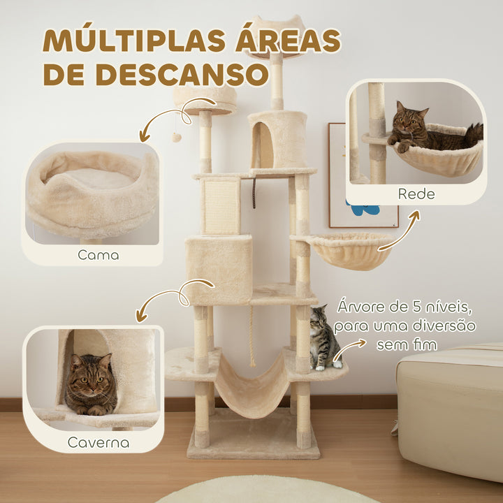 Arranhador para Gatos Grande Altura 173 cm Arranhador para Gatos Torre para Gatos com Plataformas Caverna Bolas Suspensa e Rede Bege