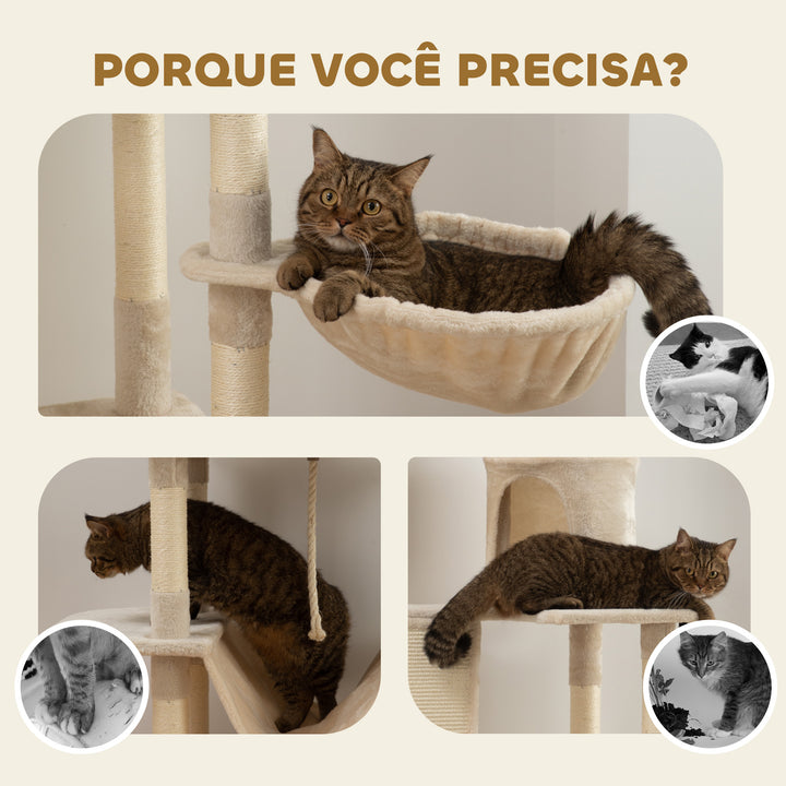 Arranhador para Gatos Grande Altura 173 cm Arranhador para Gatos Torre para Gatos com Plataformas Caverna Bolas Suspensa e Rede Bege