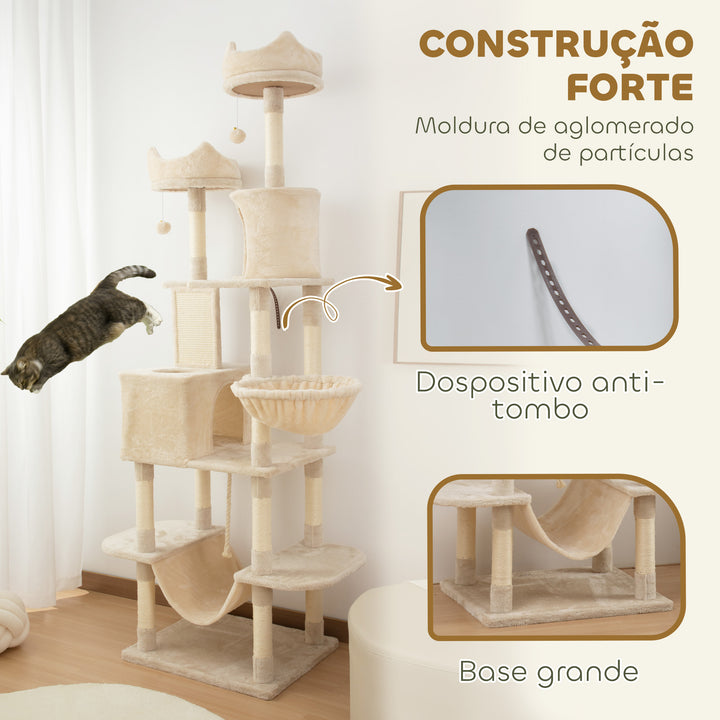 Arranhador para Gatos Grande Altura 173 cm Arranhador para Gatos Torre para Gatos com Plataformas Caverna Bolas Suspensa e Rede Bege