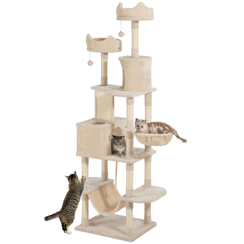 Arranhador para Gatos Grande Altura 173 cm Arranhador para Gatos Torre para Gatos com Plataformas Caverna Bolas Suspensa e Rede Bege