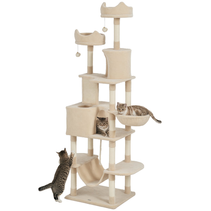 Arranhador para Gatos Grande Altura 173 cm Arranhador para Gatos Torre para Gatos com Plataformas Caverna Bolas Suspensa e Rede Bege