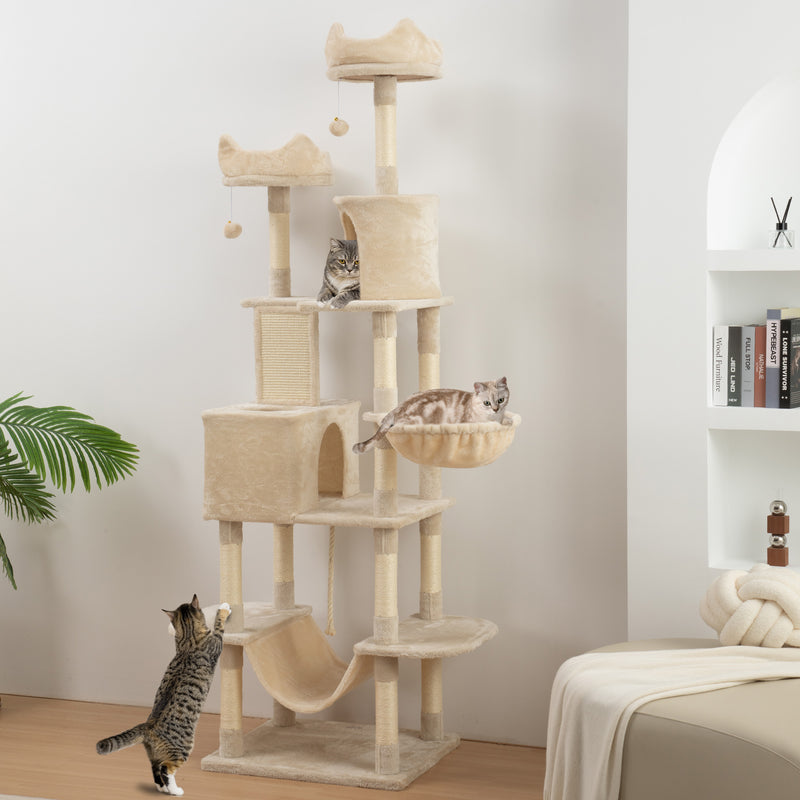 Arranhador para Gatos Grande Altura 173 cm Arranhador para Gatos Torre para Gatos com Plataformas Caverna Bolas Suspensa e Rede Bege