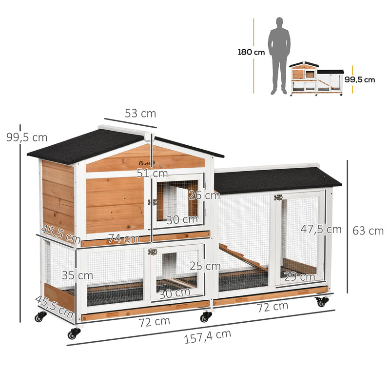 Coelheira de Madeira 157,4x53x99,5 cm Gaiola para Coelhos Grande com Rodas Telhado Asfáltico Tabuleiro Removível e Rampa para Exterior Natural