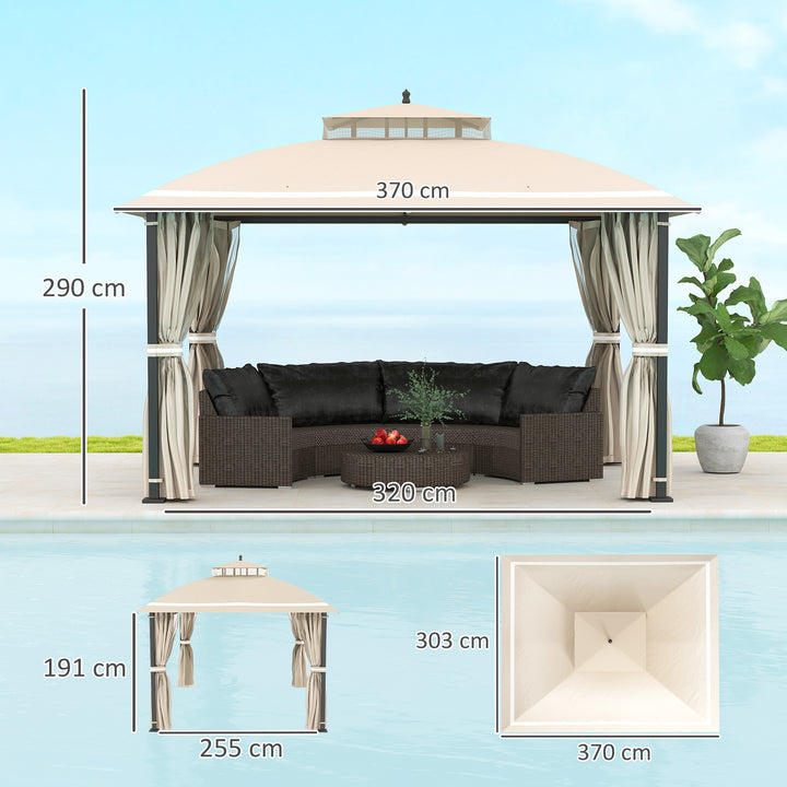 Pérgola de Jardim 3,7x3 m com Telhado Duplo Cortinas Laterais e Mosquiteiras Resistente à Água e Anti-UV para Exterior Terraço Pátio Bege