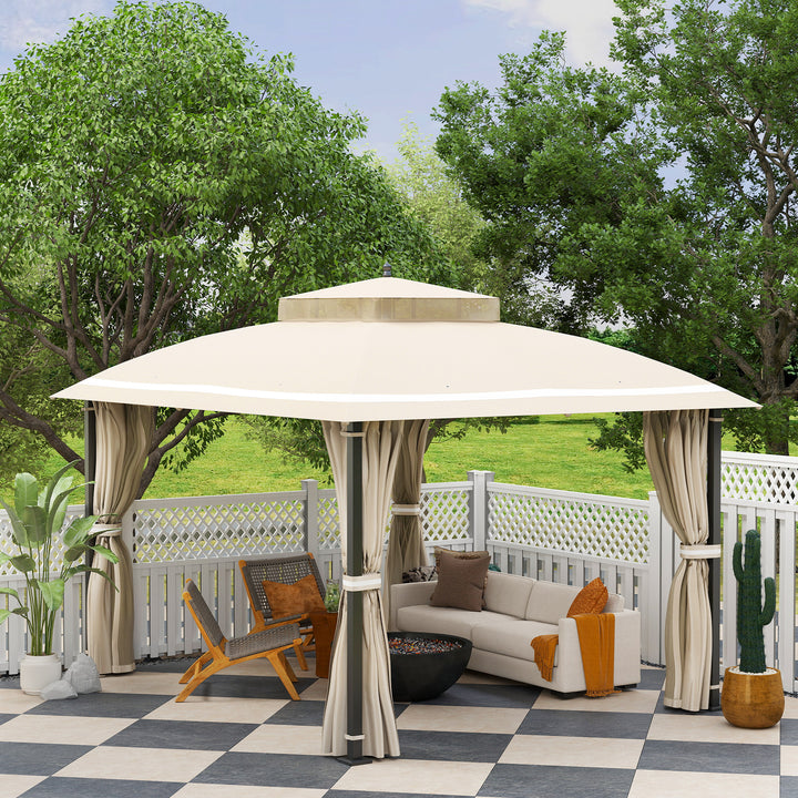 Pérgola de Jardim 3,7x3 m com Telhado Duplo Cortinas Laterais e Mosquiteiras Resistente à Água e Anti-UV para Exterior Terraço Pátio Bege