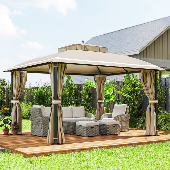 Pérgola de Jardim 3,7x3 m com Telhado Duplo Cortinas Laterais e Mosquiteiras Resistente à Água e Anti-UV para Exterior Terraço Pátio Bege