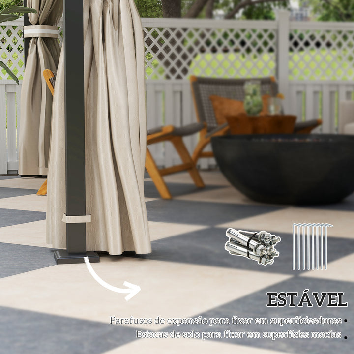 Pérgola de Jardim 3,7x3 m com Telhado Duplo Cortinas Laterais e Mosquiteiras Resistente à Água e Anti-UV para Exterior Terraço Pátio Bege