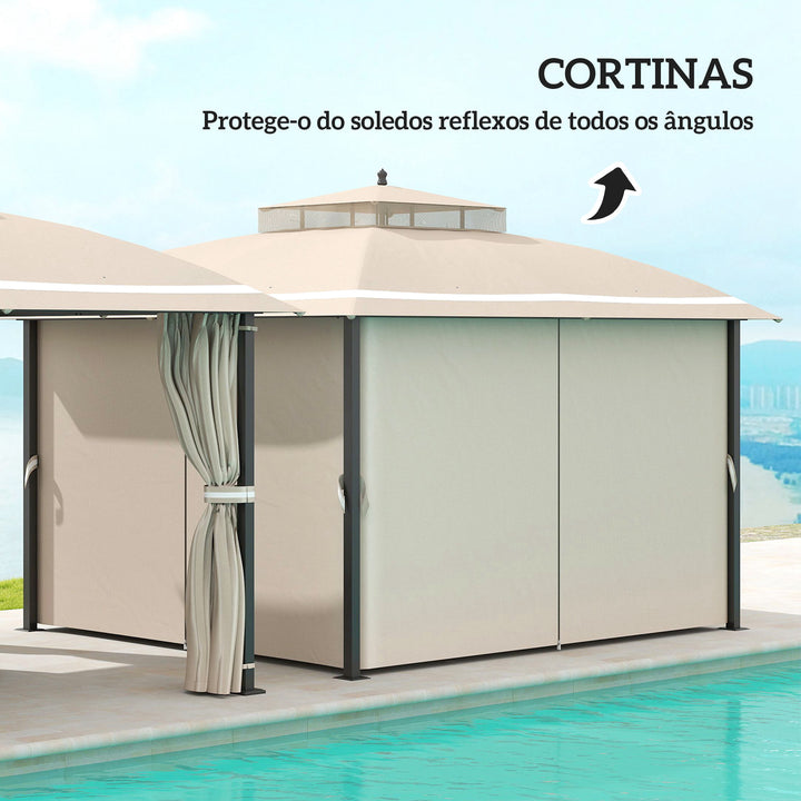 Pérgola de Jardim 3,7x3 m com Telhado Duplo Cortinas Laterais e Mosquiteiras Resistente à Água e Anti-UV para Exterior Terraço Pátio Bege
