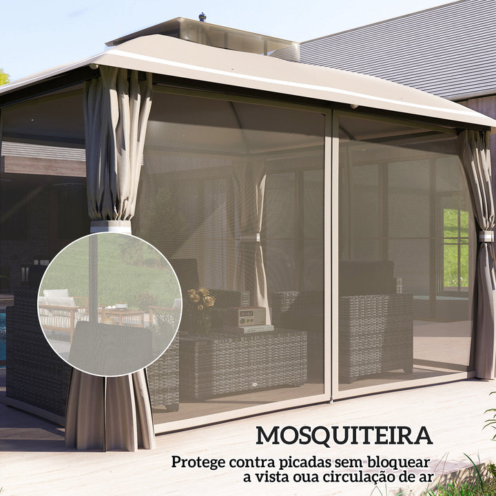 Pérgola de Jardim 3,7x3 m com Telhado Duplo Cortinas Laterais e Mosquiteiras Resistente à Água e Anti-UV para Exterior Terraço Pátio Bege