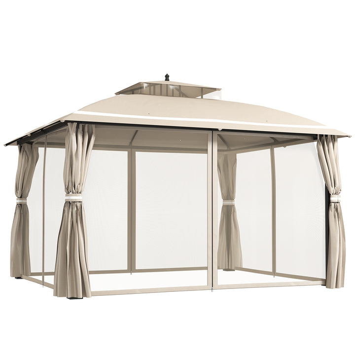 Pérgola de Jardim 3,7x3 m com Telhado Duplo Cortinas Laterais e Mosquiteiras Resistente à Água e Anti-UV para Exterior Terraço Pátio Bege