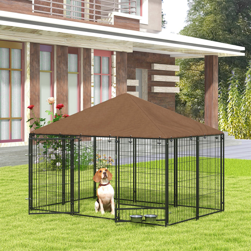 Parque para Cães com Toldo Canil para Exterior com Suporte Giratório para Comida 2 Tigelas Incluídas 211x141x151 cm Preto e Marrom