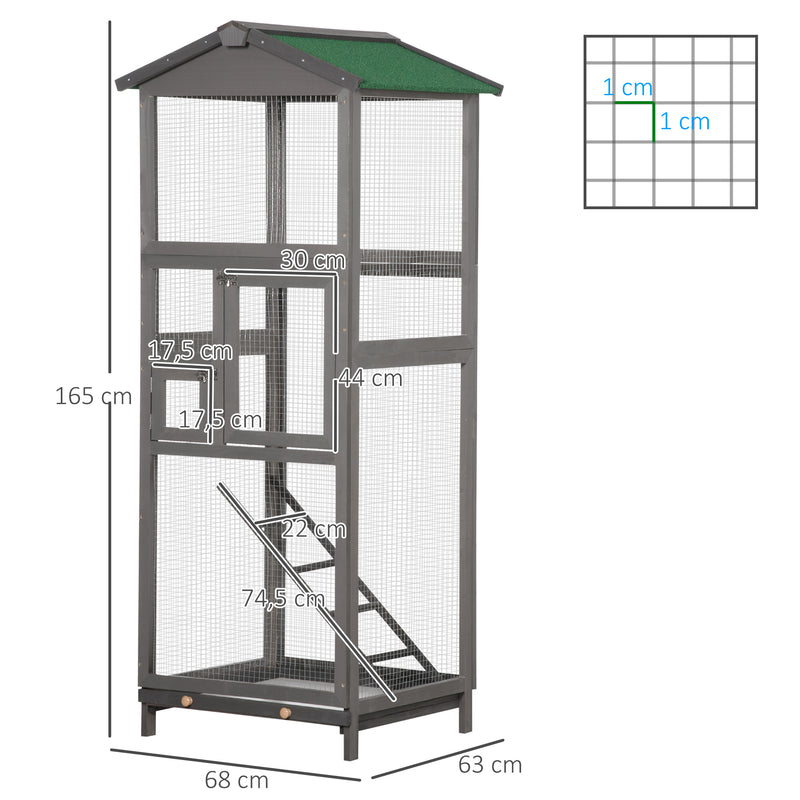 Gaiola para Pássaros Grande 68x63x165 cm Gaiola de Madeira de Abeto com 2 Portas Bandeja Amovível e Teto Asfáltico Cinza