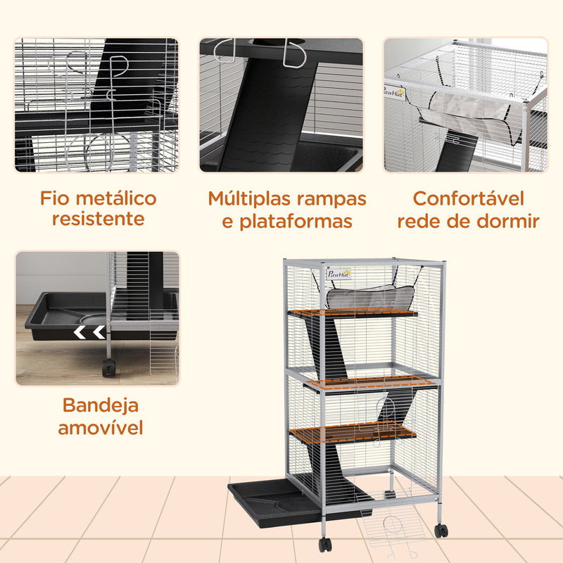 Gaiola para Roedores 52x52x113,5 cm Gaiola para Furões com Rodas 2 Portas 3 Rampas Rede Suspensa e Bandeja Removível para Cobias Branco