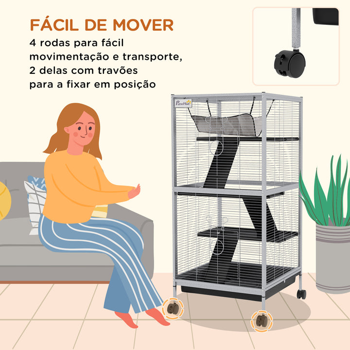Gaiola para Roedores 52x52x113,5 cm Gaiola para Furões com Rodas 2 Portas 3 Rampas Rede Suspensa e Bandeja Removível para Cobias Branco