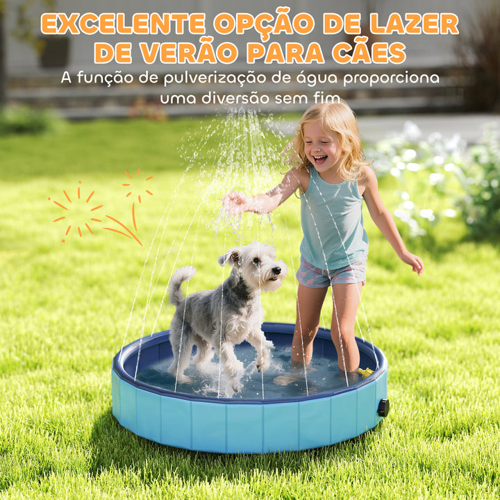 Piscina para Cães Dobrável com Aspersor Piscina Portátil para Animais de Estimação Pequenos em PVC Antiderrapante e Resistente ao Desgaste para Interiores e Exteriores Ø80x20 cm Azul Claro