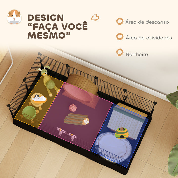 Gaiola Metálica Modular 12 Painéis para Pequenos Animais Forma Personalizável com Tapete Impermeável Parque para Porquinhos-da-Índia e Ouriços 120x60x40 cm Preto