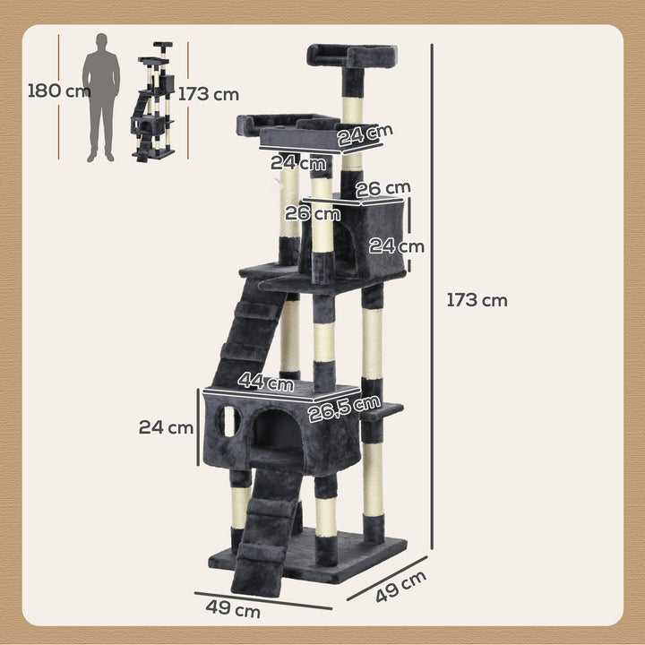 Arranhador para Gatos Grande 49x49x173 cm com Múltiplos Níveis Cavernas Brinquedos Suspensos Centro de Atividades de Sisal Cinza Escuro