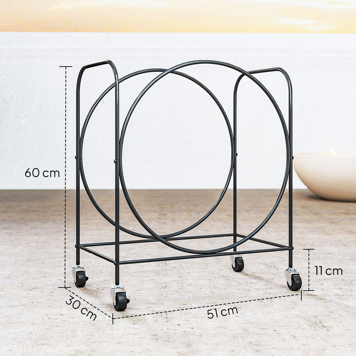 Suporte para Lenha de Metal com Rodas 51x30x60 cm Suporte Exterior e Interior Suporte para Lenha de Lareira Armazenamento para Madeira Preto