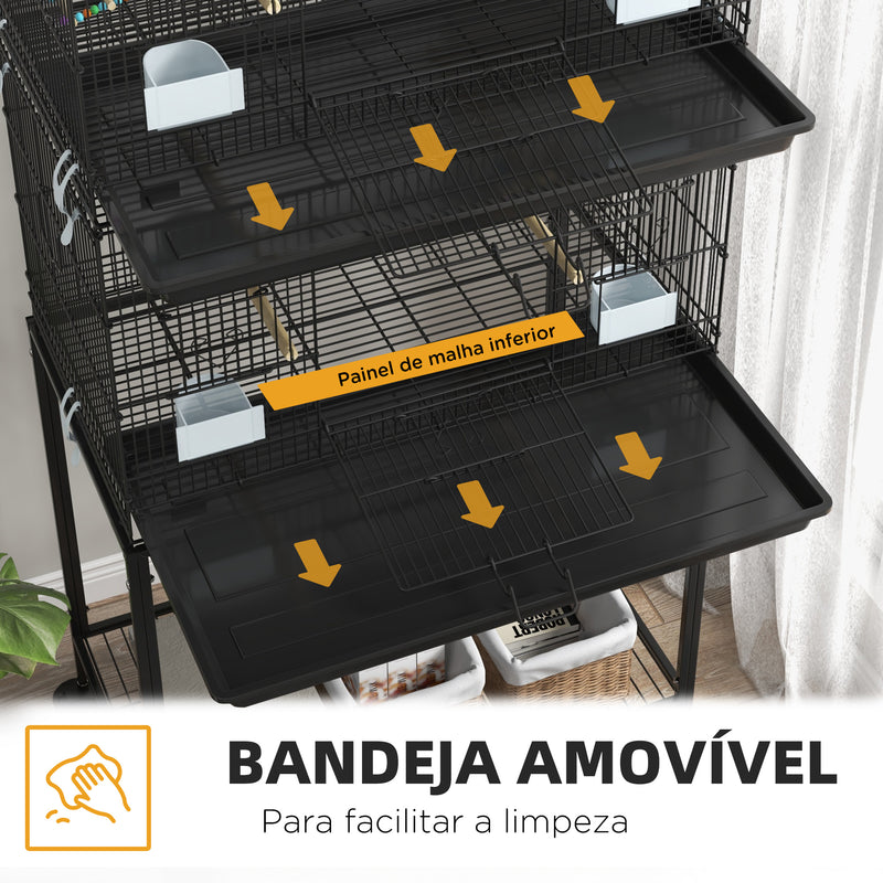 Gaiola Dupla e Empilhável para Pássaros 77x46x164 cm Gaiola de Metal para Pássaros com Rodas Poleiros Bandeja Amovível Comedouros Baloiço e Escada para Periquitos Canários Preto