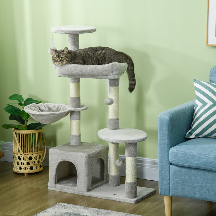 Arranhador para Gatos Altura 104 cm Arranhador para Gatos Torre de Escalada com Postes Arranhadores de Sisal Cova Plataformas e Bolas Suspensas 65x30x104 cm Cinzento Claro