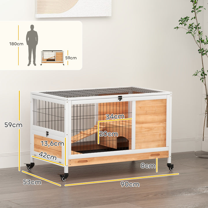 Coelheira de Madeira Gaiola de para Pequenos Animais Portátil com Teto Abatível Rampa Bandeja Removível para Coelhos da Índia 90x53x59 cm Madeira