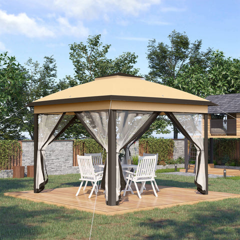 Pérgola Dobrável Exterior 3,3x3,3 m com Altura Ajustável Pérgola de Jardim com Teto Duplo 4 Mosquiteiras Removíveis e Bolsa de Transporte para Acampamento Festas Bege