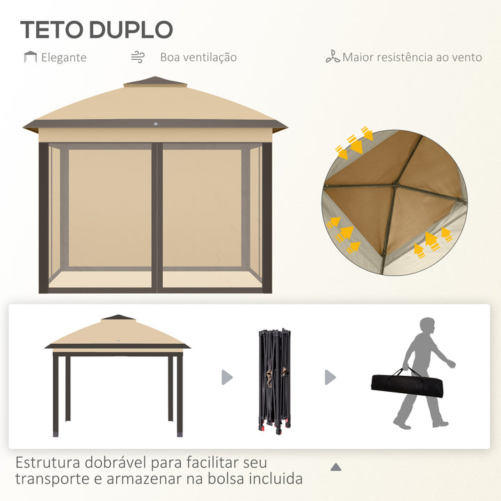 Pérgola Dobrável Exterior 3,3x3,3 m com Altura Ajustável Pérgola de Jardim com Teto Duplo 4 Mosquiteiras Removíveis e Bolsa de Transporte para Acampamento Festas Bege