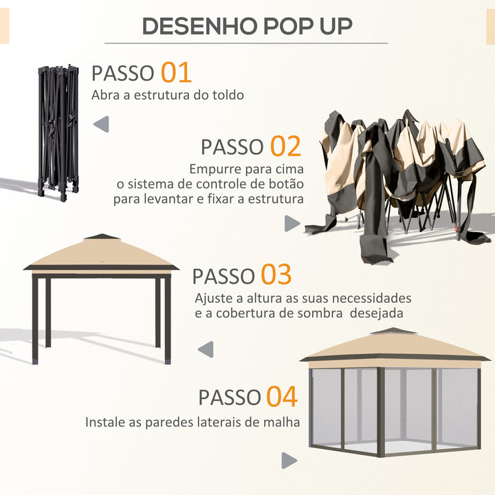 Pérgola Dobrável Exterior 3,3x3,3 m com Altura Ajustável Pérgola de Jardim com Teto Duplo 4 Mosquiteiras Removíveis e Bolsa de Transporte para Acampamento Festas Bege