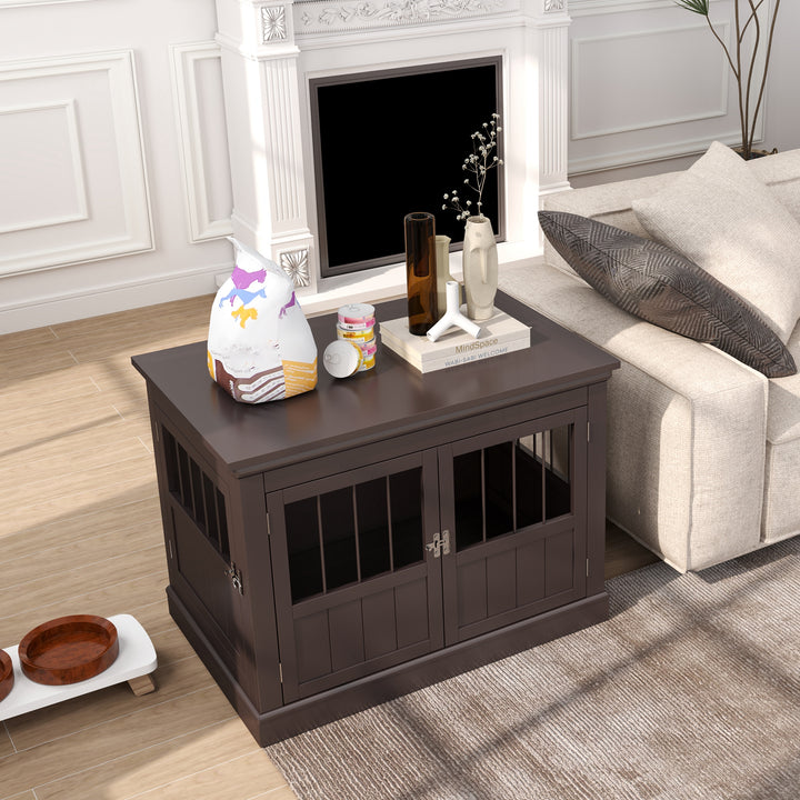 Gaiola para Cães com Mesa Auxiliar Casa para Animais de Estimação Moderna com 3 Portas Francês e Fecho Magnético para Cães Pequenos 78x53x59,3 cm Castanho