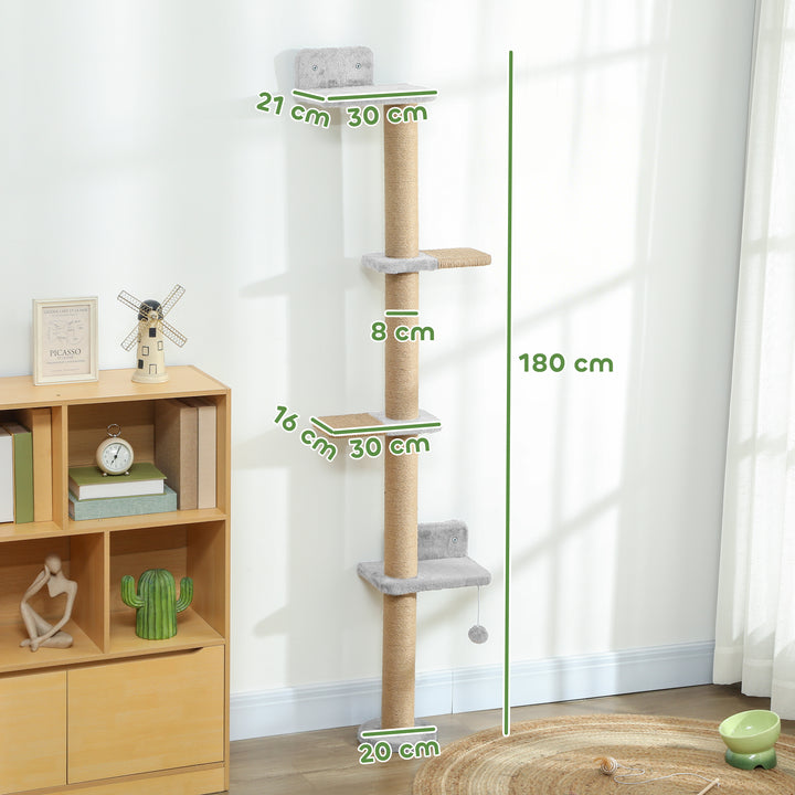 Arranhador para Gatos de Parede de 5 Níveis Estreito com Bola de Brinquedo e Arranhadores de Sisal 48x21x180 cm Cinza Claro