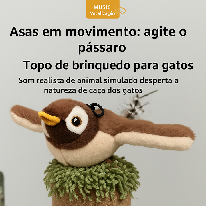 Flupytoy Brinquedo Interativo de Pelúcia com Sensor de Toque e Catnip – Pássaro pardal Recarregável com Som e Asas em Movimento para Gatos de Interior