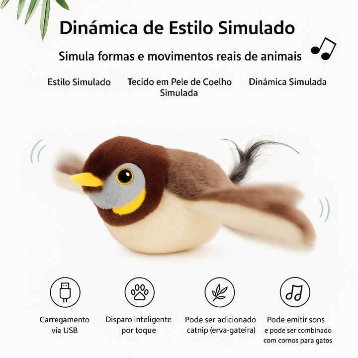 Flupytoy Brinquedo Interativo de Pelúcia com Sensor de Toque e Catnip – Pássaro pardal Recarregável com Som e Asas em Movimento para Gatos de Interior