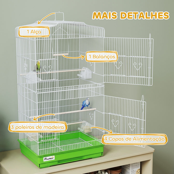 Gaiola para Pássaros, Gaiola de Metal com Portas 4 Comedouros 3 Poleiros Baloiço Bandeja Removível e Alça de Transporte para Loro Canário Periquito 46,5x35,5x92 cm Verde