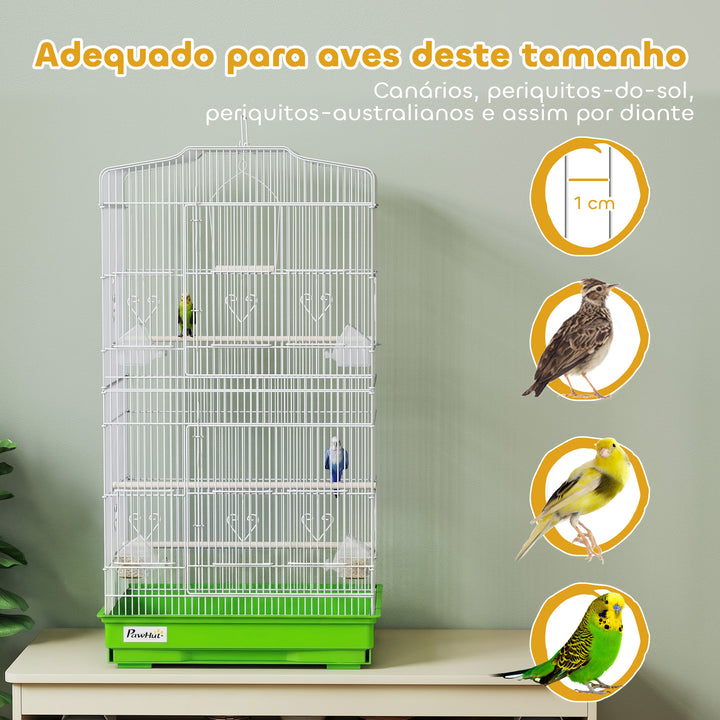 Gaiola para Pássaros, Gaiola de Metal com Portas 4 Comedouros 3 Poleiros Baloiço Bandeja Removível e Alça de Transporte para Loro Canário Periquito 46,5x35,5x92 cm Verde