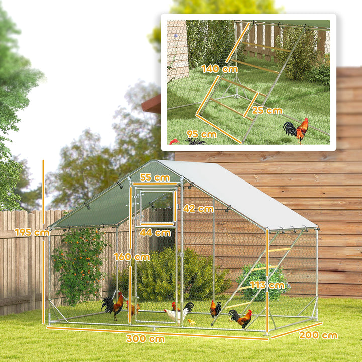 Galinheiro para Exterior 3x2 m Galinheiro de Aço Galvanizado com Comedouro Suspenso Tipo Espeto Poleiro Cobertura Anti-UV e Impermeável para Coelhos Patos Gansos Prata