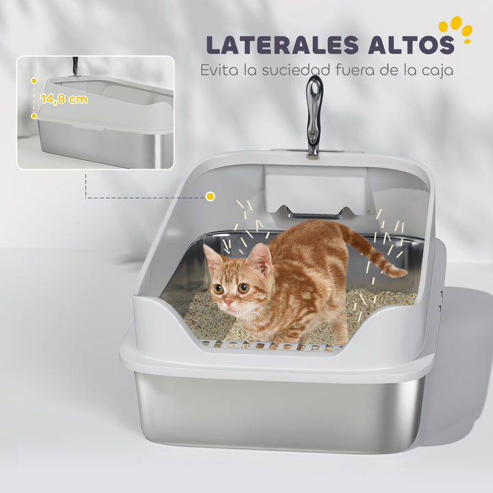 Caixa de Areia XL para Gatos em Aço Inoxidável Bordas Altas Pá Metálica Fácil de Limpar Antifugas 60,2x40,2x29,7 cm Cinzento