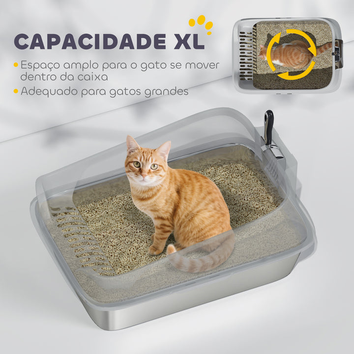 Caixa de Areia XL para Gatos em Aço Inoxidável Bordas Altas Pá Metálica Fácil de Limpar Antifugas 60,2x40,2x29,7 cm Cinzento