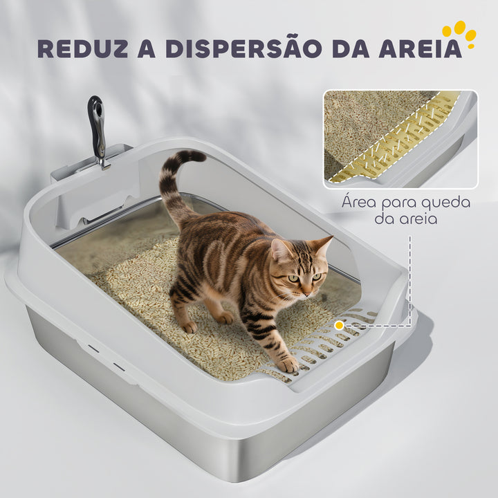 Caixa de Areia XL para Gatos em Aço Inoxidável Bordas Altas Pá Metálica Fácil de Limpar Antifugas 60,2x40,2x29,7 cm Cinzento