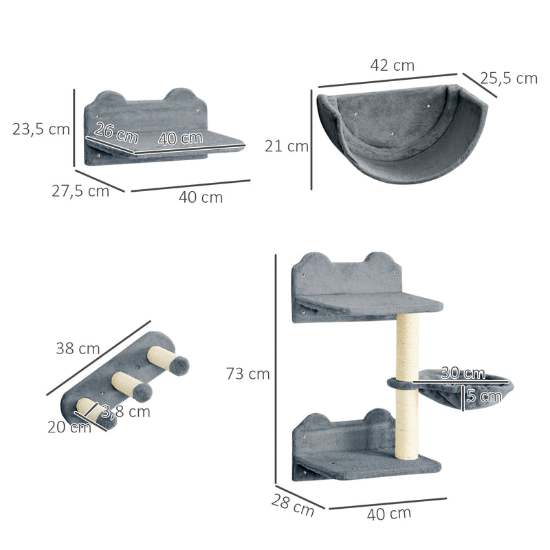 Prateleiras de Escalada para Gatos de Parede Conjunto de Prateleiras para Gatos 4 Peças com Rede Plataforma Semicircular Plataformas de Salto e Poste de Sisal Cinza