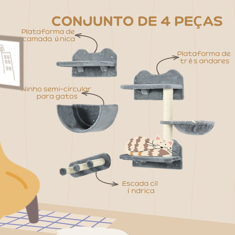 Prateleiras de Escalada para Gatos de Parede Conjunto de Prateleiras para Gatos 4 Peças com Rede Plataforma Semicircular Plataformas de Salto e Poste de Sisal Cinza