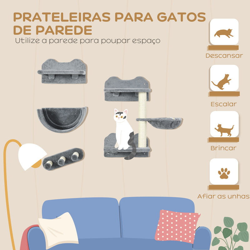 Prateleiras de Escalada para Gatos de Parede Conjunto de Prateleiras para Gatos 4 Peças com Rede Plataforma Semicircular Plataformas de Salto e Poste de Sisal Cinza