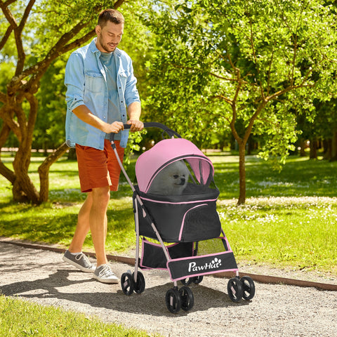 Carrinho para Animais de Estimação 3 em 1 Carrinho para Cães e Gatos Dobrável com Bolsa de Transporte Cesta de Armazenamento e Travão Tecido de Oxford 600D Carga Máxima 15kg 82x49,5x98 cm Rosa