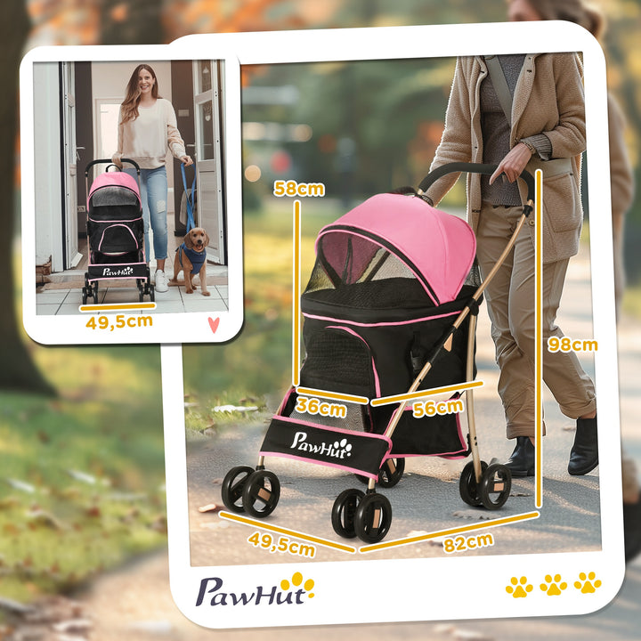 Carrinho para Animais de Estimação 3 em 1 Carrinho para Cães e Gatos Dobrável com Bolsa de Transporte Cesta de Armazenamento e Travão Tecido de Oxford 600D Carga Máxima 15kg 82x49,5x98 cm Rosa