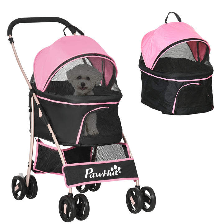 Carrinho para Animais de Estimação 3 em 1 Carrinho para Cães e Gatos Dobrável com Bolsa de Transporte Cesta de Armazenamento e Travão Tecido de Oxford 600D Carga Máxima 15kg 82x49,5x98 cm Rosa