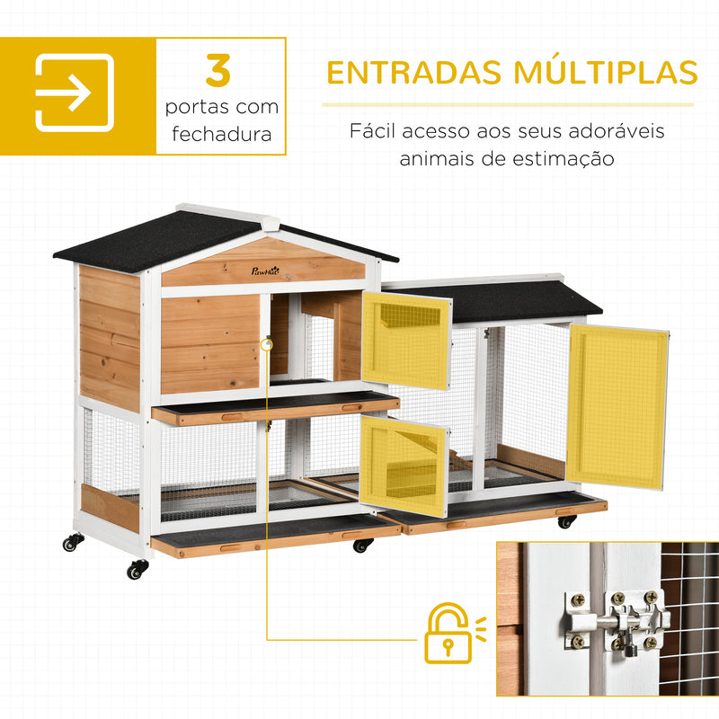 Coelheira de Madeira 157,4x53x99,5 cm Gaiola para Coelhos Grande com Rodas Telhado Asfáltico Tabuleiro Removível e Rampa para Exterior Natural