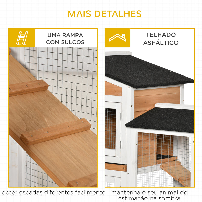 Coelheira de Madeira 157,4x53x99,5 cm Gaiola para Coelhos Grande com Rodas Telhado Asfáltico Tabuleiro Removível e Rampa para Exterior Natural